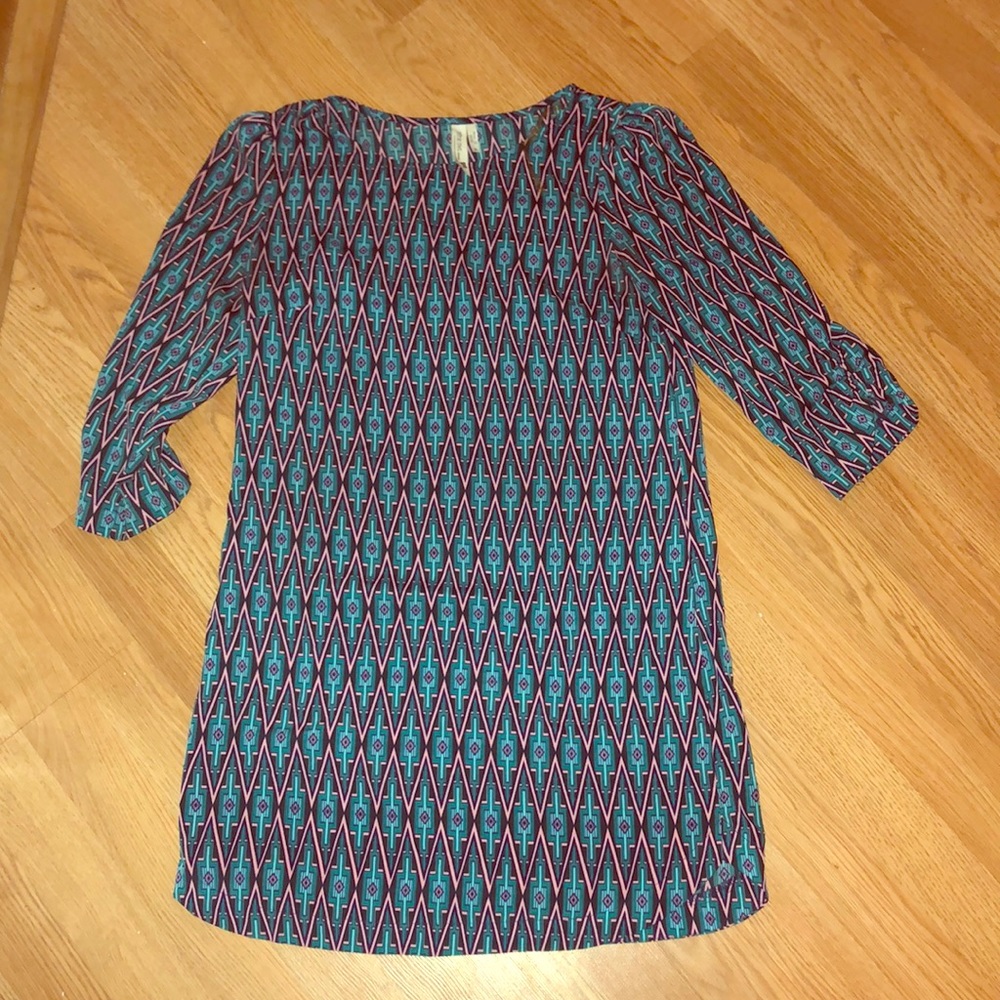 Pink and blue patterned long sleeve dress